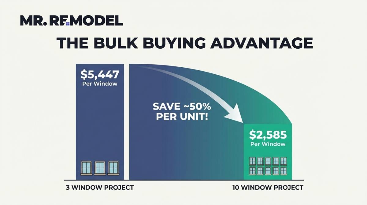 Shows the advantage of buying windows in bulk.